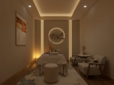 Modern Elegant SPA Sauna Room Interior with Massage Table Chairs Rug Circular Decor and Lighting 3d model