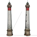 Two White Lighthouses With Red Accents Green Tops And Stone Bases
