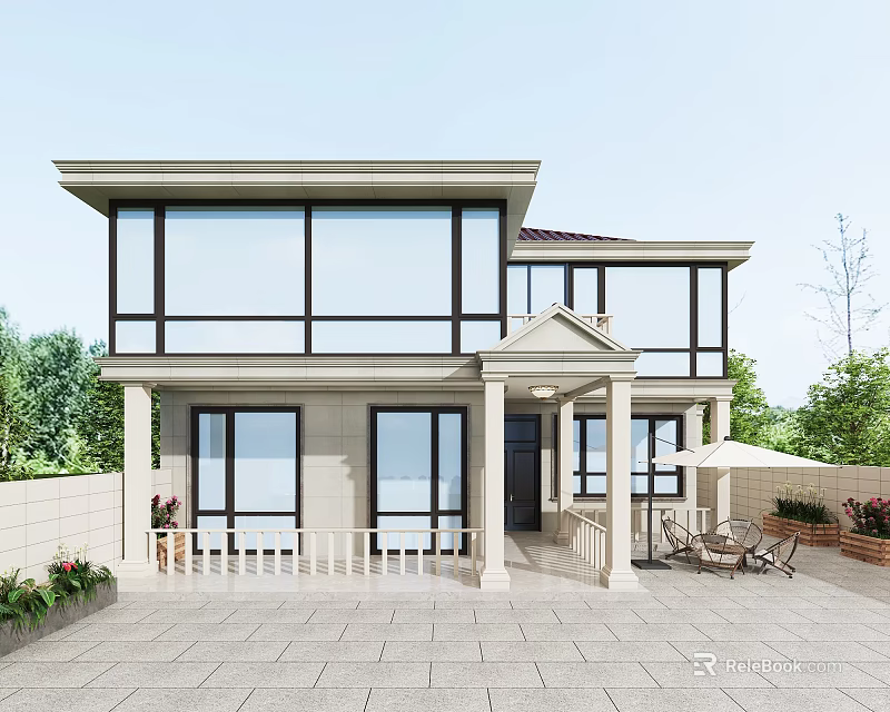 Modern Two Story Detached Villa With Large Glass Windows Porch Columns And Front Yard Greenery 3d model 