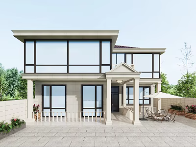 Modern Two Story Detached Villa With Large Glass Windows Porch Columns And Front Yard Greenery 3d model