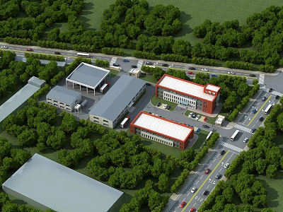 Industrial Factory Complex Featuring Multiple Buildings Surrounded by Green Trees And Roadways 3d model