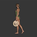 Woman Wearing Green One Piece Swimsuit Holding Straw Hat Against Gray Background
