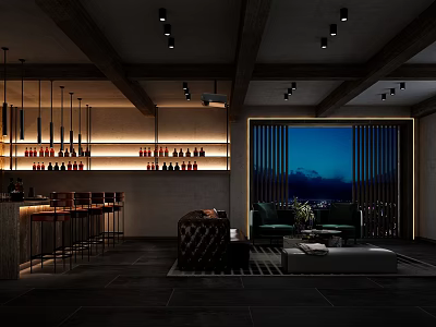 Modern Dark Bar Interior With Bar Counter Wine Bottles Display Sofa Seating And Night View 3d model