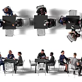 People Sitting Around Black Tables Having Business Discussions With Chairs In Meeting Scenes