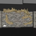 Artistic Golden Dragon Sculptures Hanging On Brick Wall With Detailed Design