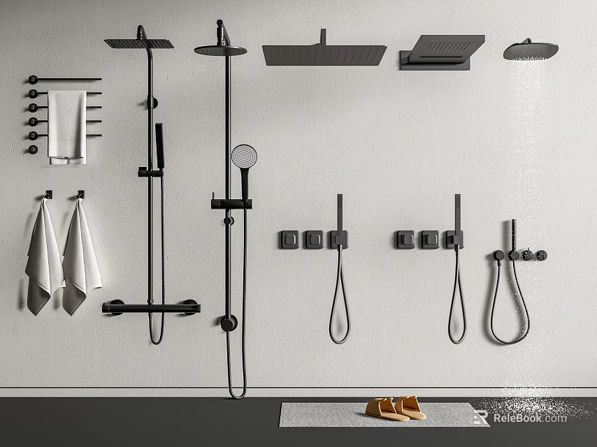 Modern Shower System Design With Rainfall Head Handheld Sprayer Wall Controls And Towel Rack 3d model 