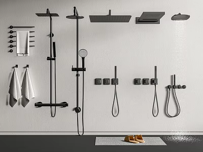 Modern Shower System Design With Rainfall Head Handheld Sprayer Wall Controls And Towel Rack 3d model
