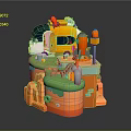 Colorful Cartoon 3D Scene With Playful Vehicle Green Grass And Small Structures