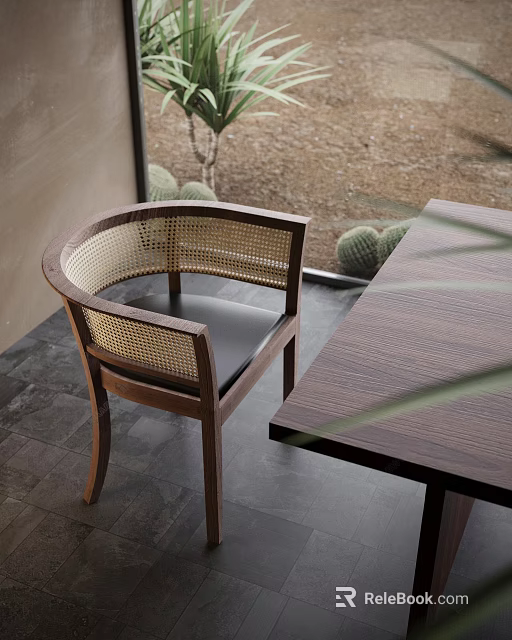 Wooden Dining Chair With Woven Rattan Backrest And Armrests Black Leather Seat By Wooden Table 3d model 