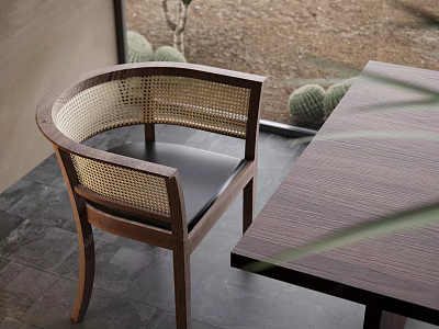 Wooden Dining Chair With Woven Rattan Backrest And Armrests Black Leather Seat By Wooden Table 3d model