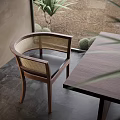 Wooden Dining Chair With Woven Rattan Backrest And Armrests Black Leather Seat By Wooden Table