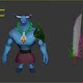 Game Character Blue Skinned Horned Figure Red Pendant Necklace Purple Skirt Large Sword Green Accents Design