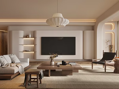 Modern Living Room Interior Design With TV Wall Pendant Light Sofa And Coffee Table 3d model