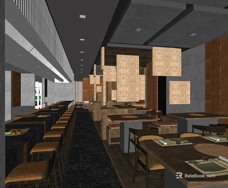 Modern Hotpot Restaurant Interior With Wooden Dining Tables Pendant Lights And Seating 3d model 