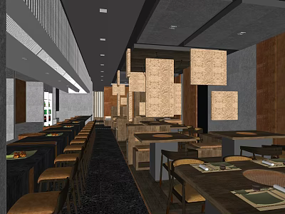Modern Hotpot Restaurant Interior With Wooden Dining Tables Pendant Lights And Seating 3d model