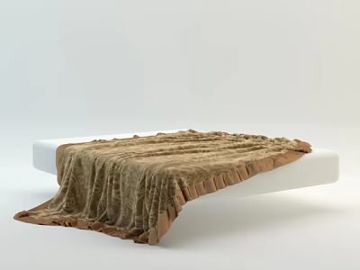 Modern Minimalist Double Bed With White Frame And Brown Ruched Trimmed Blanket 3d model