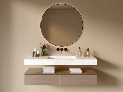 Modern Bathroom Cabinet With Round Mirror White Marble Countertop Bottles And Flowers 3d model