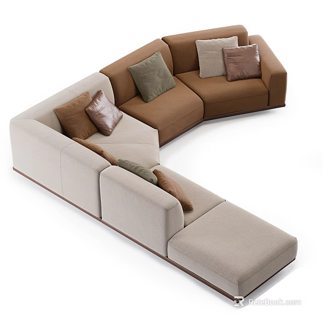 Modern L Shaped Double Sofa in Beige and Brown with Multiple Decorative Cushions 3d model