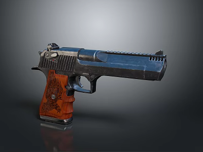 3D Rendered Pistol with Metal Body Blue Black Finish and Wooden Carved Grip 3d model