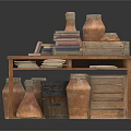 Artisanal Carved Clay Sculptures Displayed On Wooden Table With Books And Vessels