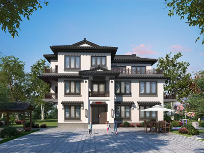 Chinese Style Detached Villa Two Story Traditional Architecture With Courtyard Greenery And Stone Pavement 3d model