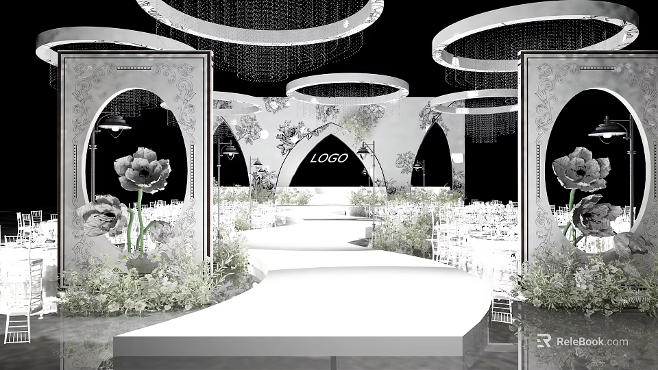 Elegant Banquet Hall With Stage Arched Doorways Floral Decorations And Chandeliers 3d model 