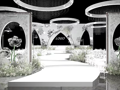 Elegant Banquet Hall With Stage Arched Doorways Floral Decorations And Chandeliers 3d model
