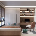Modern Tatami Bedroom Interior Design With Storage Bookshelf Desk Chair And Window Blinds