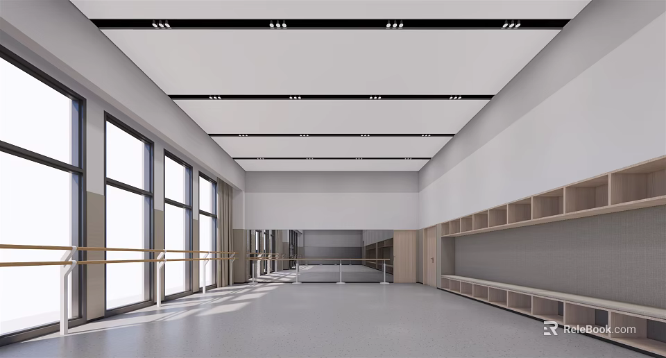 Spacious Bright Dance Studio For Fitness Workouts With Large Windows Wooden Lockers And Ballet Barres 3d model 