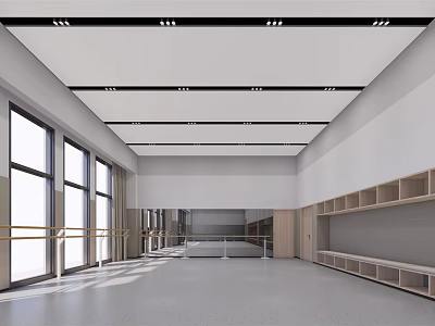 Spacious Bright Dance Studio For Fitness Workouts With Large Windows Wooden Lockers And Ballet Barres 3d model
