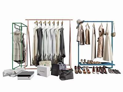 Fashionable Clothing Collection Displayed On Racks With Accessories And Shoes 3d model