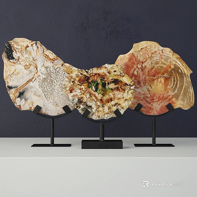 Decorative Ornament Set With Natural Stone Slices On Black Metal Stands For Home Decor 3d model 
