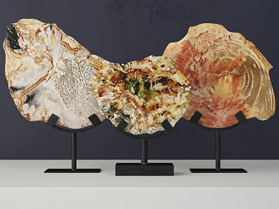 Decorative Ornament Set With Natural Stone Slices On Black Metal Stands For Home Decor 3d model