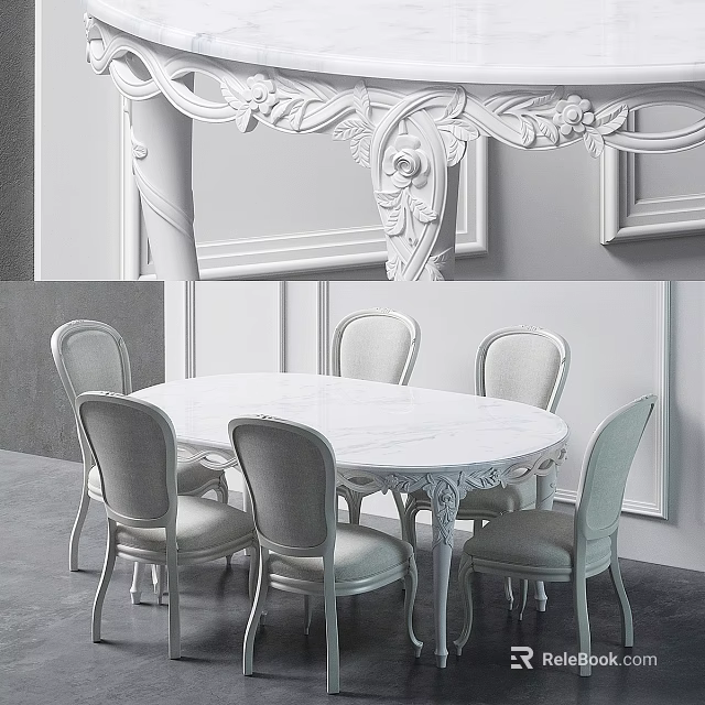 Elegant White Round Dining Table And Gray Chairs Set With Carved Wall Decor 3d model
