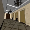 Elevator Hallway With Beige Walls Golden Elevator Doors Chandeliers And Geometric Pattern Floor 3d model