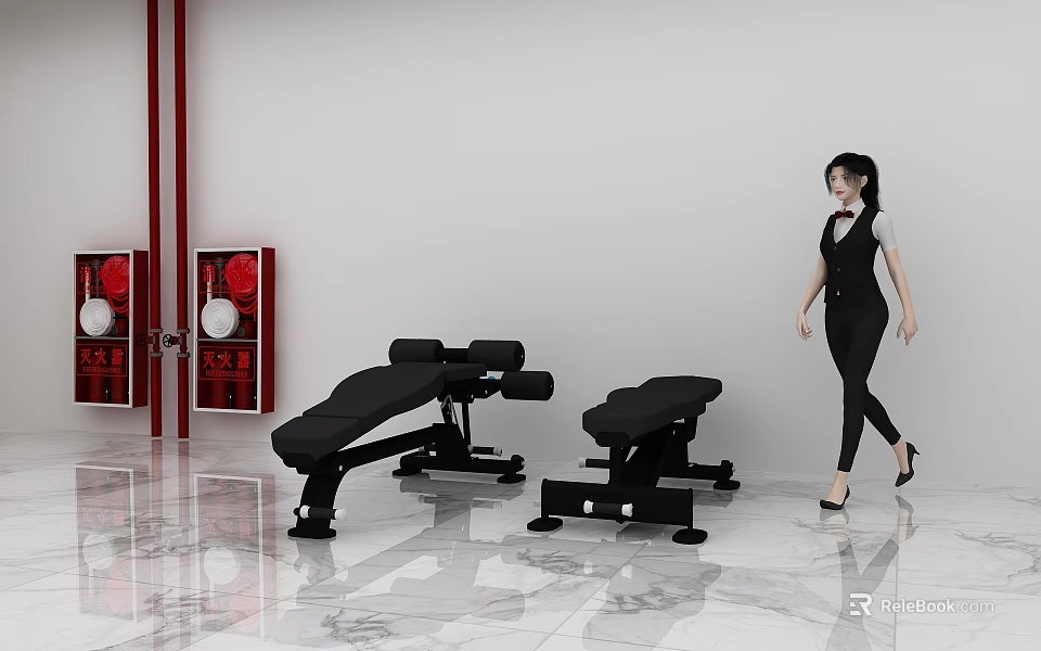 Cultural Art Exhibition Hall With Red Decorative Paintings Black Benches Marble Floor And Woman Walking 3d model 