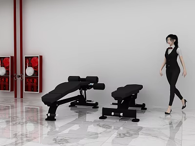 Cultural Art Exhibition Hall With Red Decorative Paintings Black Benches Marble Floor And Woman Walking 3d model