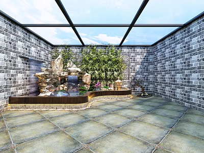 Outdoor Shower Sauna Space With Glass Roof Brick Walls Rockery And Green Plants 3d model