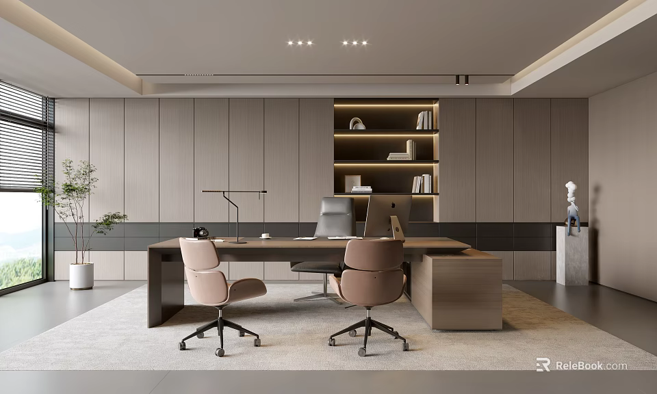 Modern Office Interior With Wooden Desk Ergonomic Chairs Bookshelf And Green Plant 3d model 