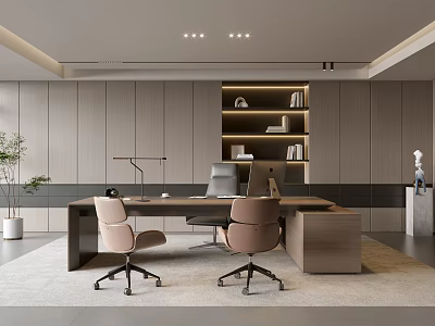 Modern Office Interior With Wooden Desk Ergonomic Chairs Bookshelf And Green Plant 3d model