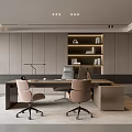 Modern Office Interior With Wooden Desk Ergonomic Chairs Bookshelf And Green Plant