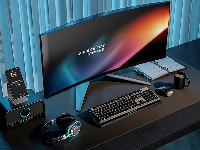 Modern Computer Desktop Setup With Curved Monitor Keyboard Mouse Headphones And Speaker 3d model