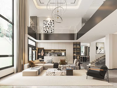 Elegant Spacious Double Height Open Living And Dining Room Interior Design With Large Panoramic Windows 3d model