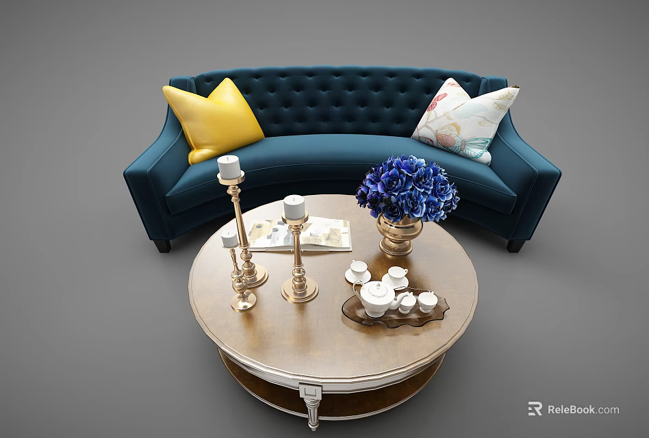 Navy Blue Sectional Sofa with Yellow Floral Pillows and Round Coffee Table with Blue Flowers 3d model 