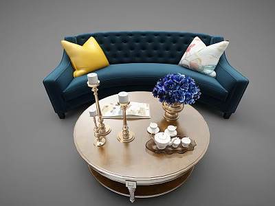 Navy Blue Sectional Sofa with Yellow Floral Pillows and Round Coffee Table with Blue Flowers 3d model