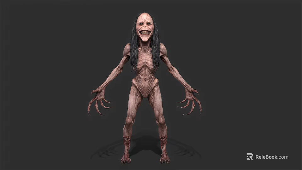 Scary Horror Game Movie Character With Emaciated Body Long Hair Sharp Claws And Wide Grin 3d model 