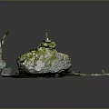 Natural Stone And Wood Decorative Scene With Moss Covered Surface And Water Puddle