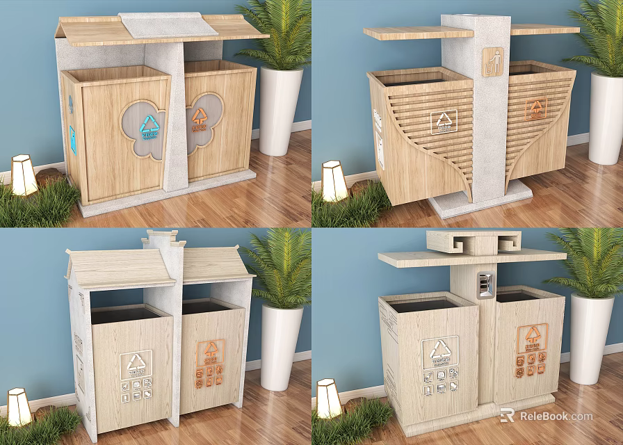 Public Facility Wooden Trash Bins With Recycling Signs And Indoor Plant Decor 3d model 
