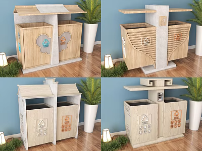 Public Facility Wooden Trash Bins With Recycling Signs And Indoor Plant Decor 3d model