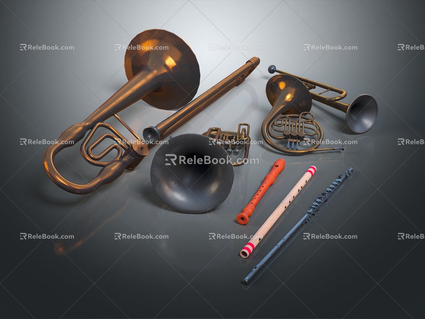 Modern musical instruments Music equipment small size trombone flute 3d model